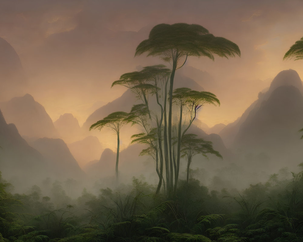 Serene sunrise jungle landscape with tall trees and mountain silhouettes