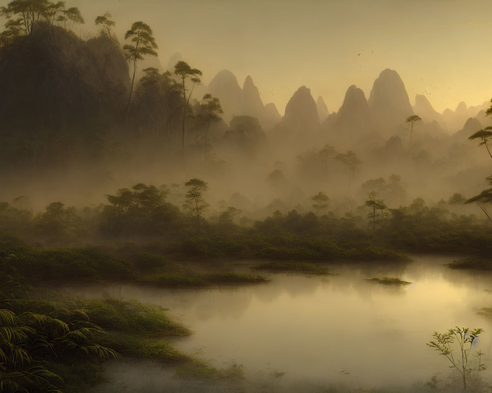 Serene misty landscape at dawn with reflective water, dense forest, and fog-shrouded peaks