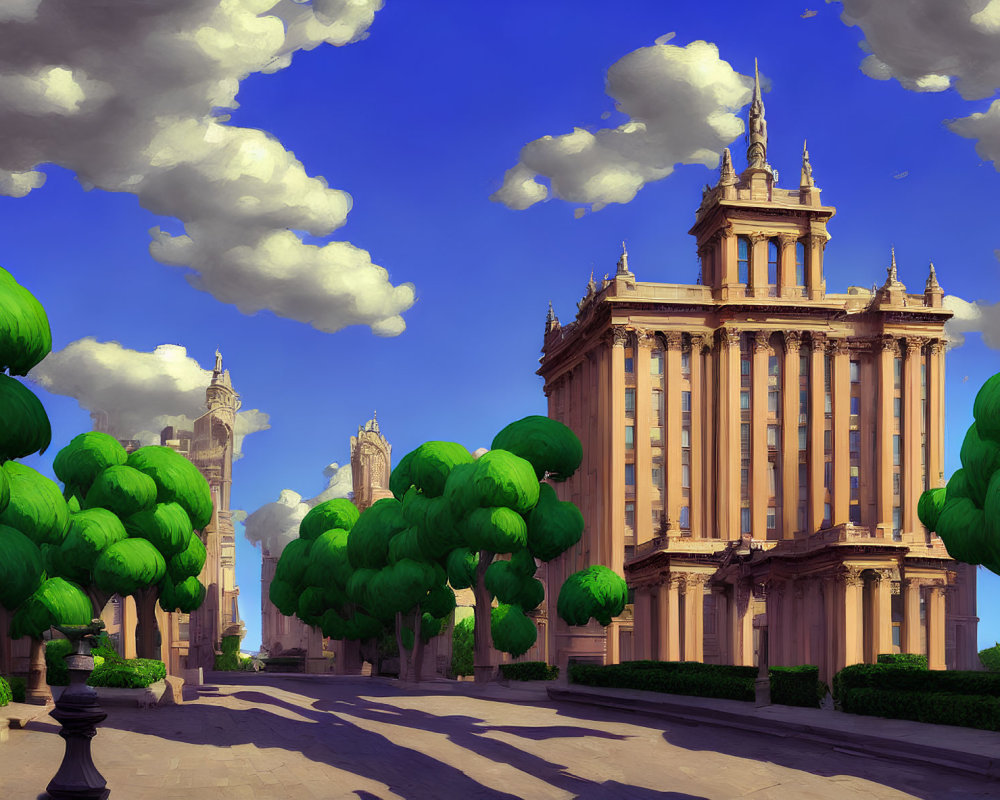 Digital artwork of sunny day with classical building and trees