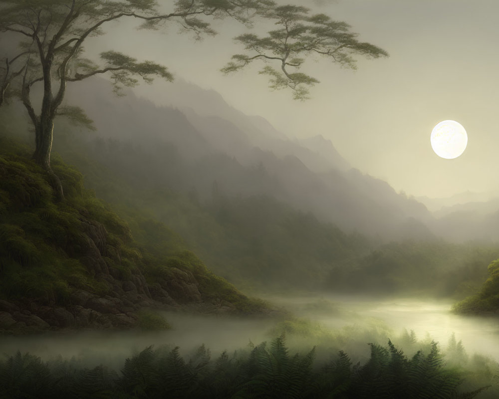 Tranquil landscape: full moon over misty hills, river, ferns, lone tree