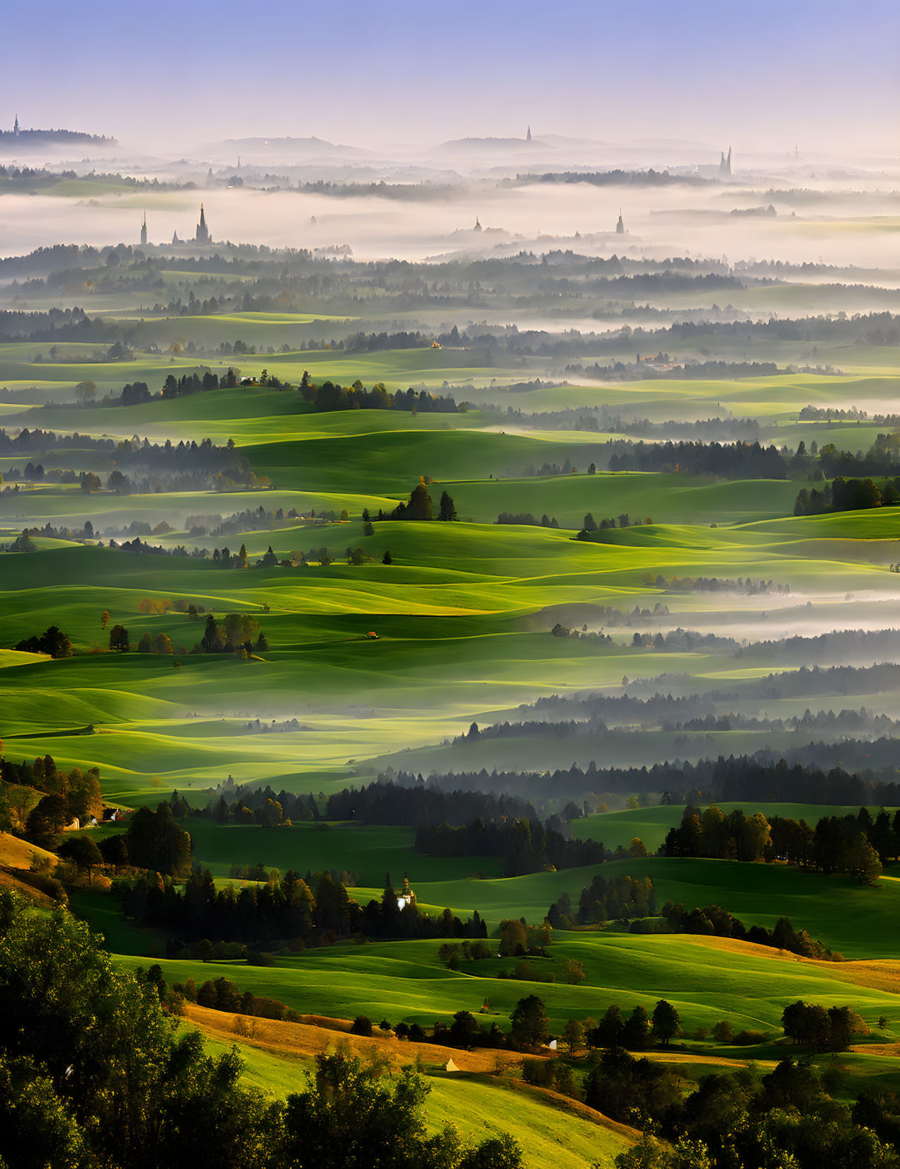 Serene landscape of green hills, trees, and distant buildings under a hazy sky