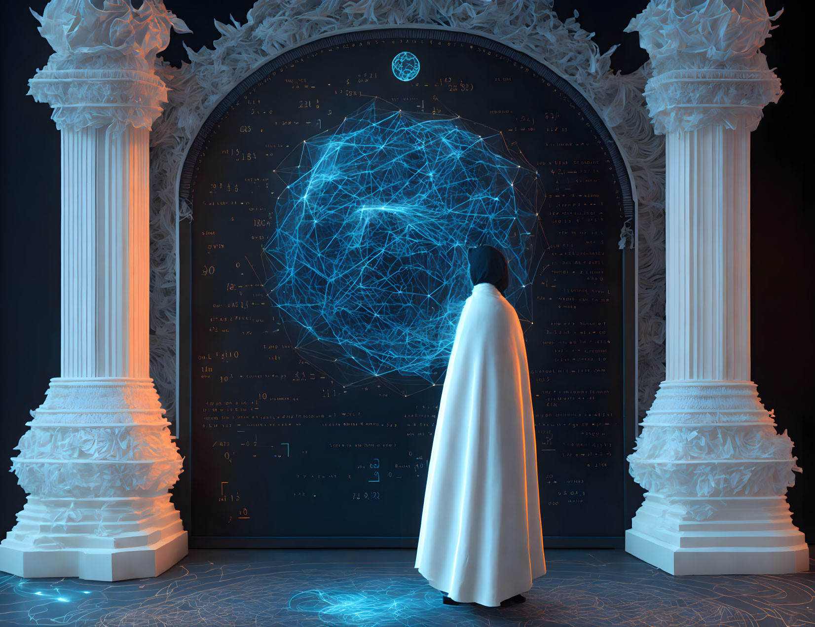 Mysterious cloaked figure with glowing orb in ornate setting