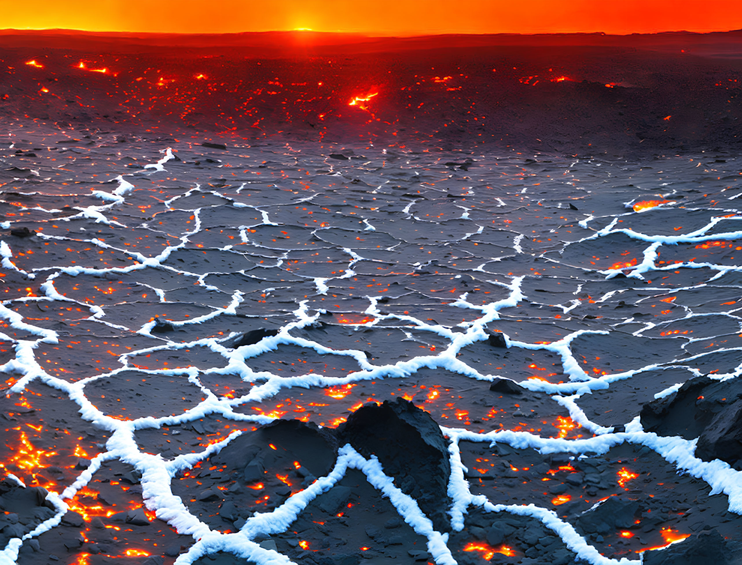 Molten lava field with intricate patterns under fiery sunset