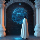 Mysterious cloaked figure with glowing orb in ornate setting