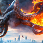 Apocalyptic cityscape engulfed by giant fiery tentacles