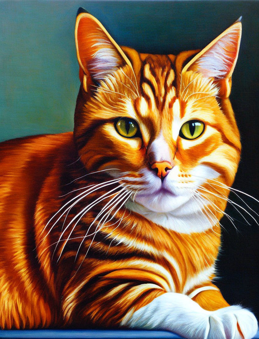 Realistic Oil Painting of Orange Tabby Cat with Yellow Eyes on Blue-Grey Background