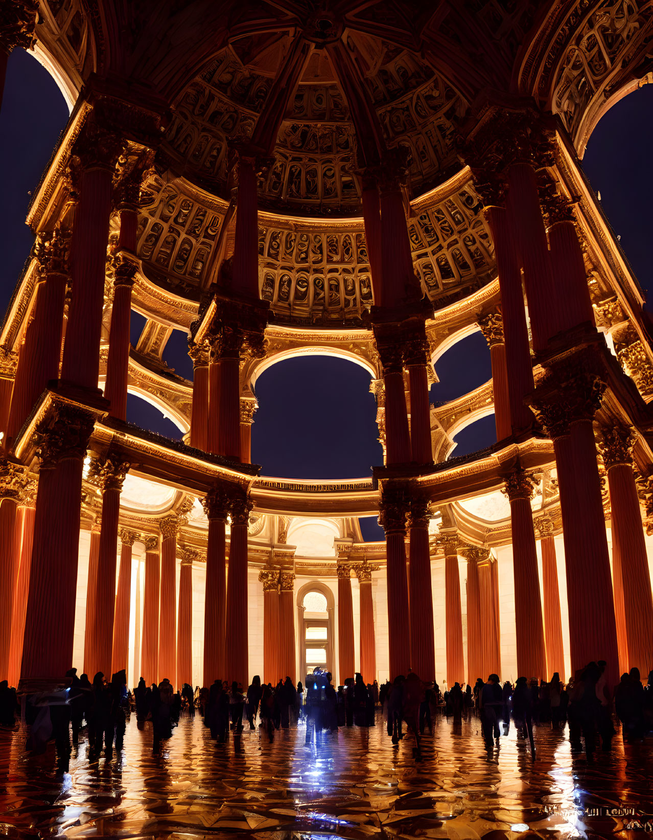 Grand classical building interior with towering columns and silhouettes of people gathered