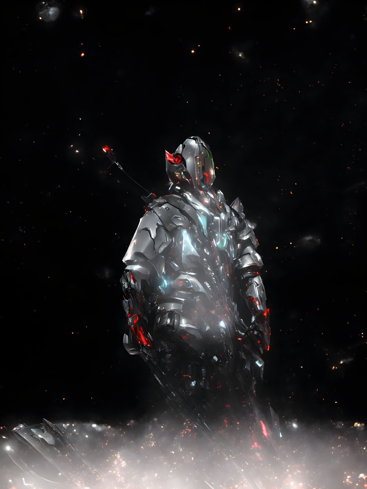 Futuristic armored figure with glowing red eyes in dark, starry setting