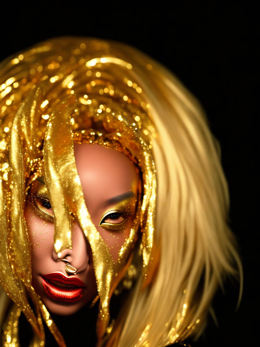 Person with Golden Glittery Makeup and Red Lips: Dramatic Artistic Portrayal