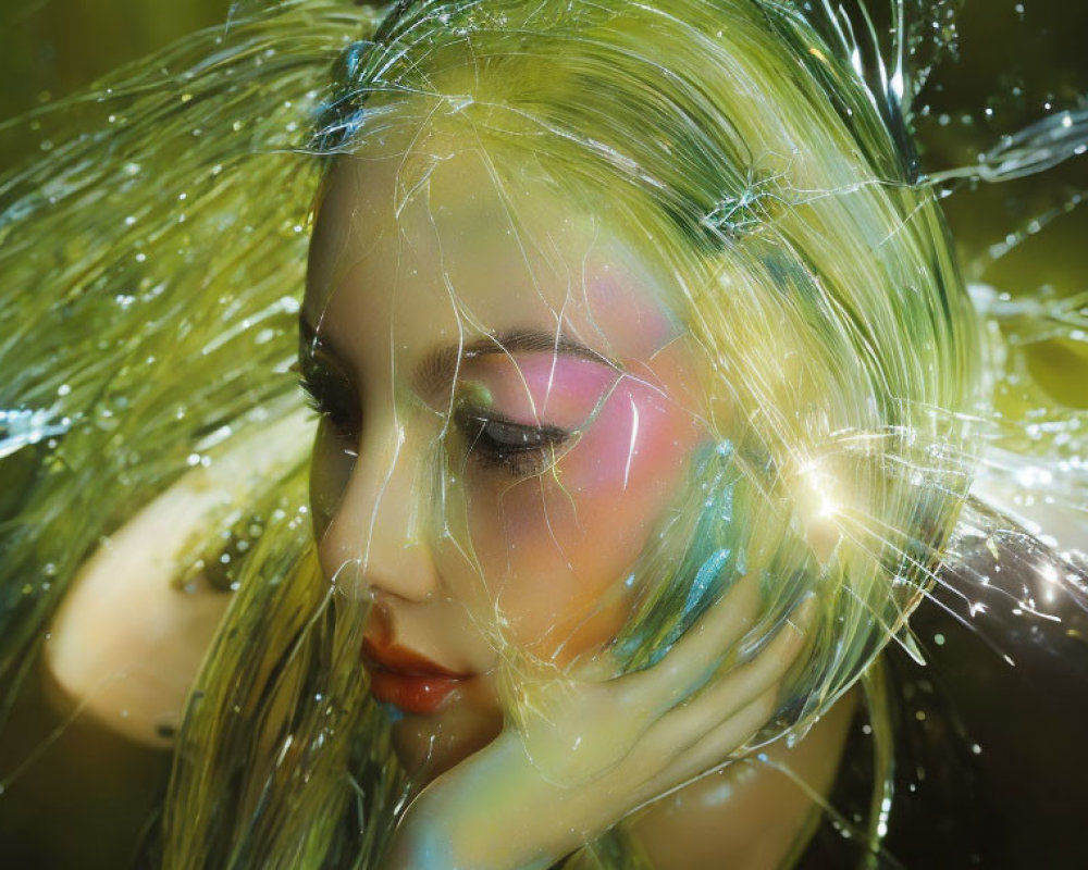 Close-up: Woman with vibrant makeup and greenish-yellow hair in transparent wrap