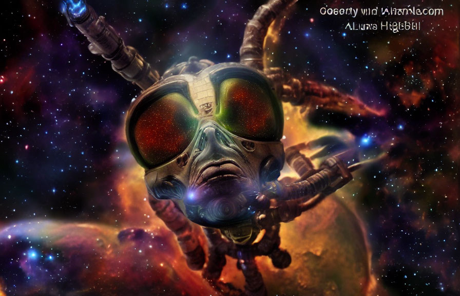 Alien in Space Suit with Large Head and Goggles on Cosmic Background