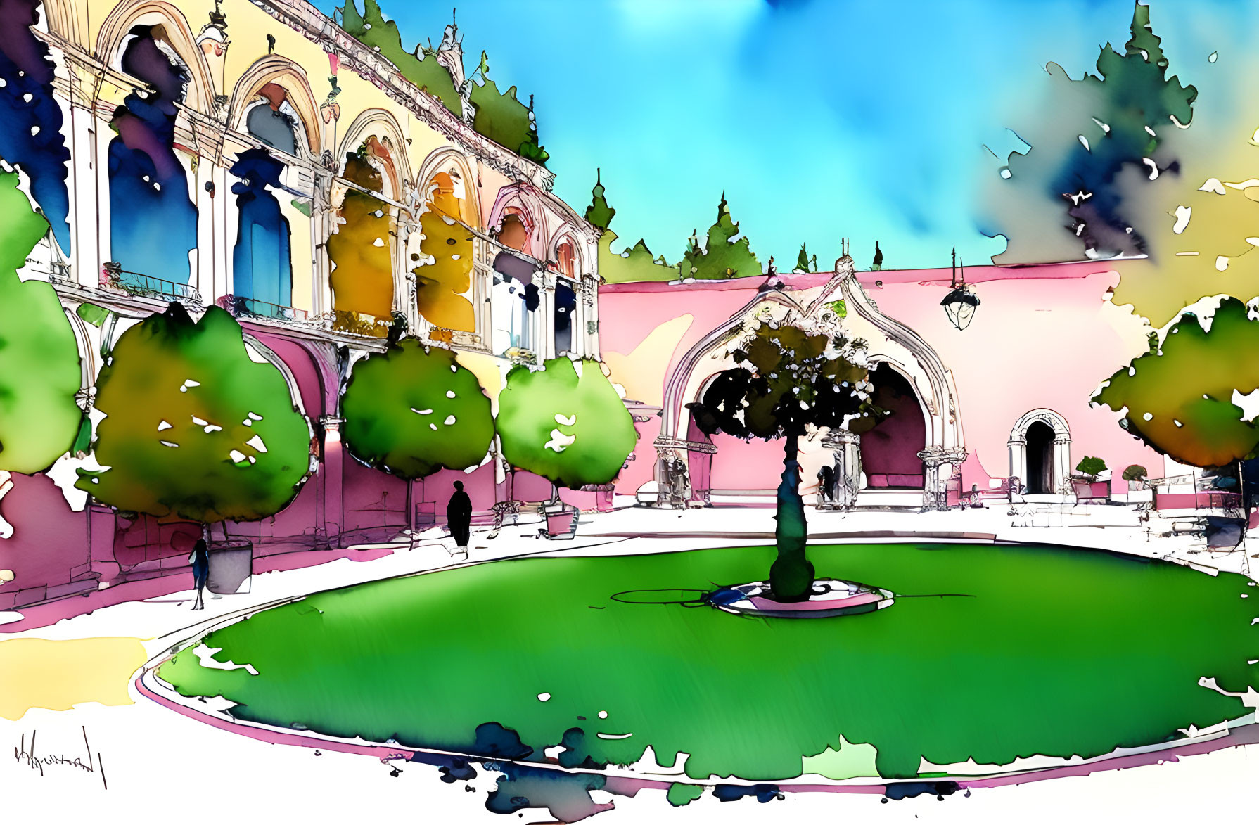 Vibrant garden with fountain and classical architecture in colorful illustration