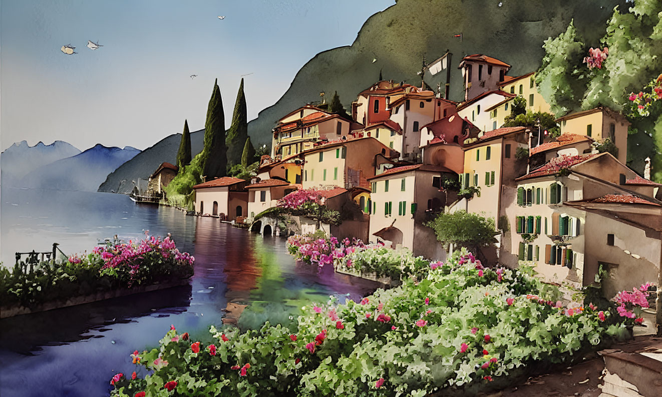 Vibrant watercolor painting of lakeside village with colorful houses