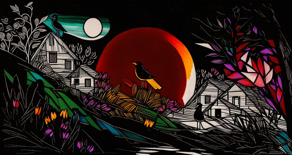 Colorful bird on branch under red moon with stylized houses & lush flora