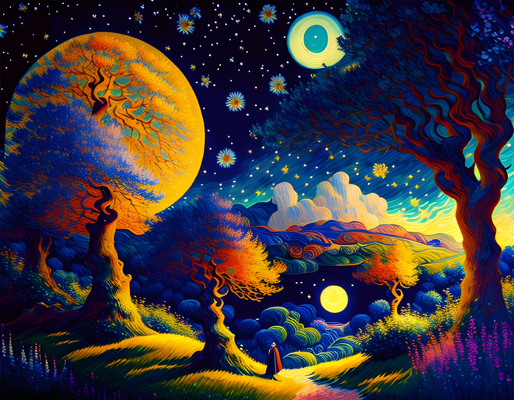 Colorful Night Landscape with Oversized Celestial Bodies and Figure Holding Lantern