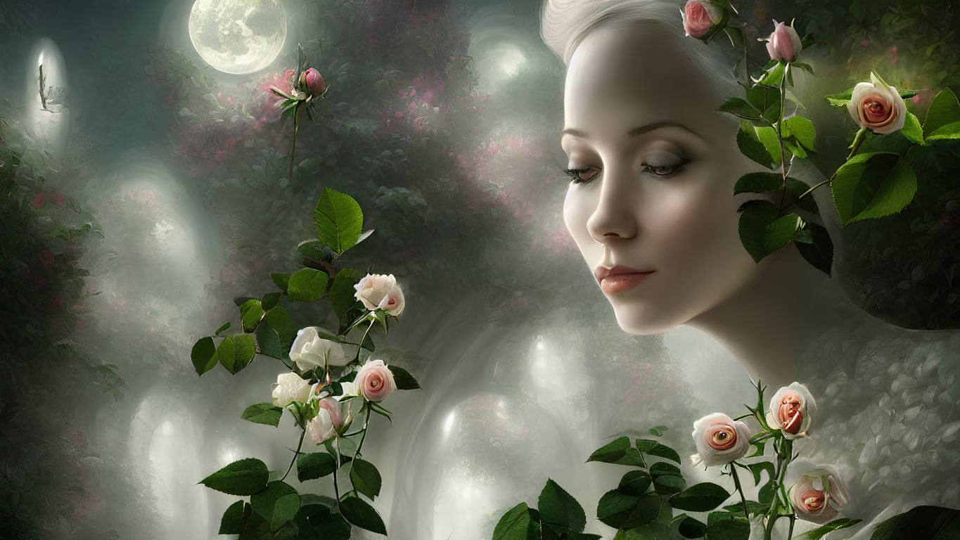 Female face in mystical green garden with white and pink roses and soft light.