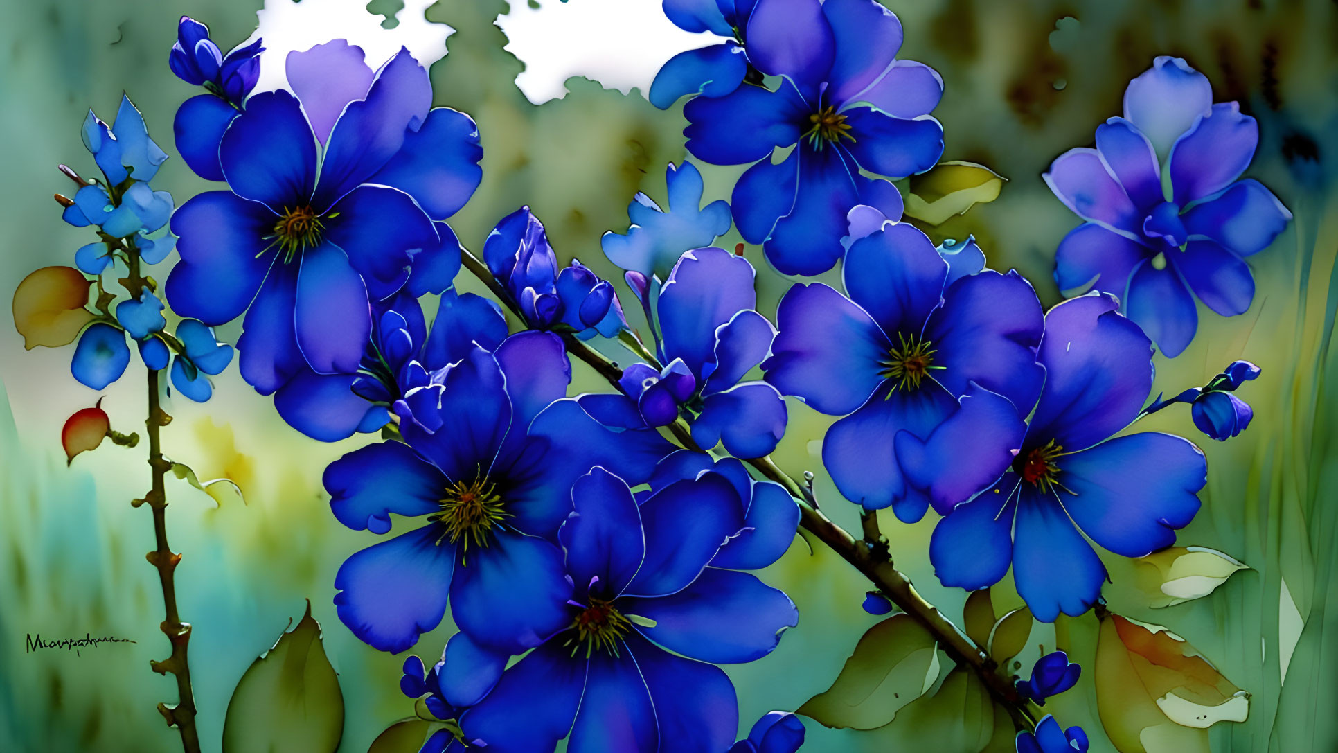 Vibrant Blue Flowers with Golden Centers on Soft Green Background