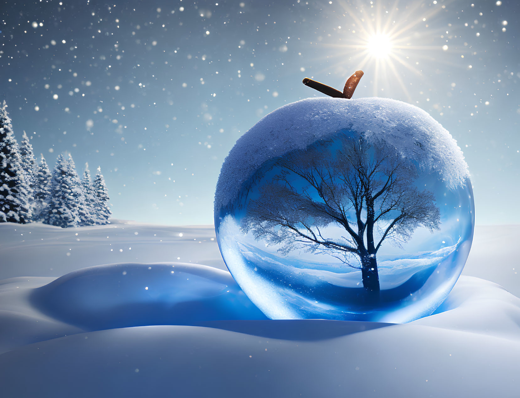 Winter landscape with crystal ball, tree, starry sky, snowy background, wooden stump.