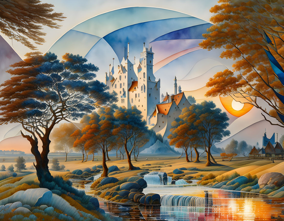 Fantasy landscape with castle, river, tree, hills, and geometric sunset sky