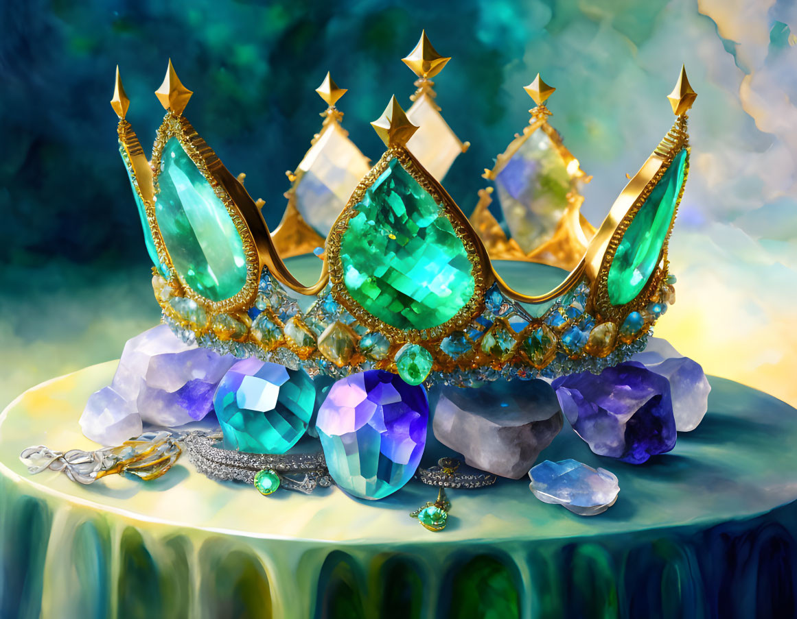 Golden crown with green gemstones & colorful crystals on mystical cloudy backdrop