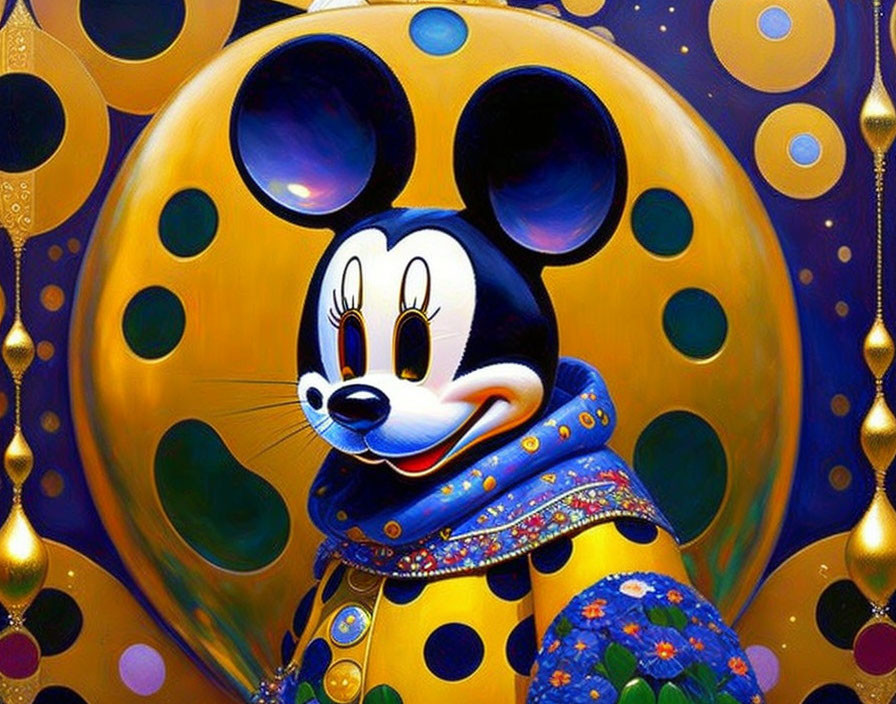 Colorful Mickey Mouse Artwork with Golden Dotted Background