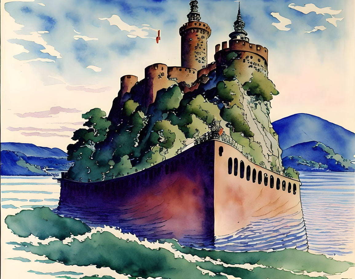 Vibrant watercolor: fantastical fortress on hill with water and clouds