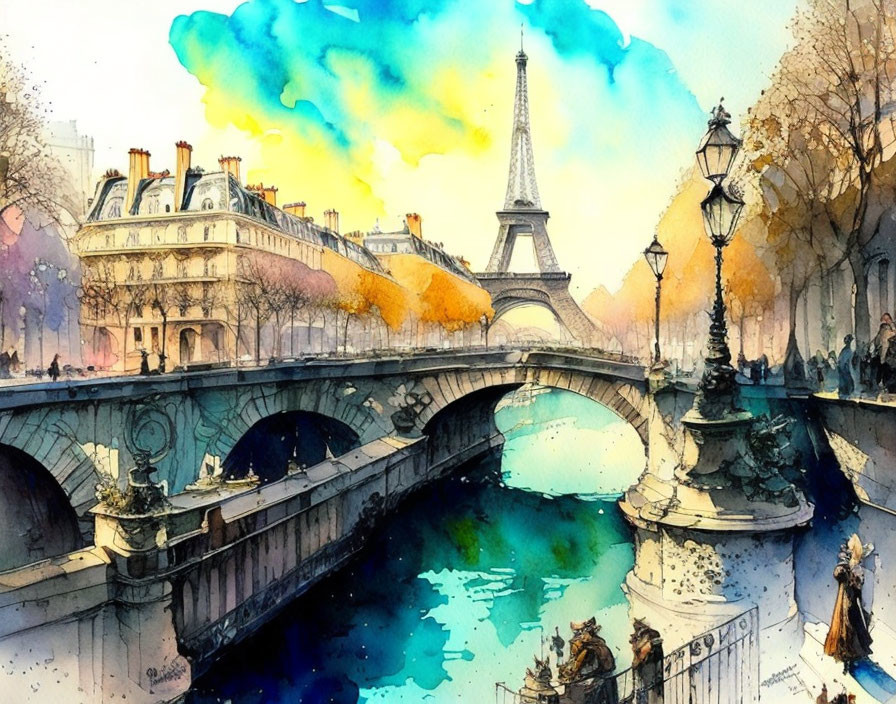 Vibrant watercolor of Parisian scene with Eiffel Tower, Seine River bridge,