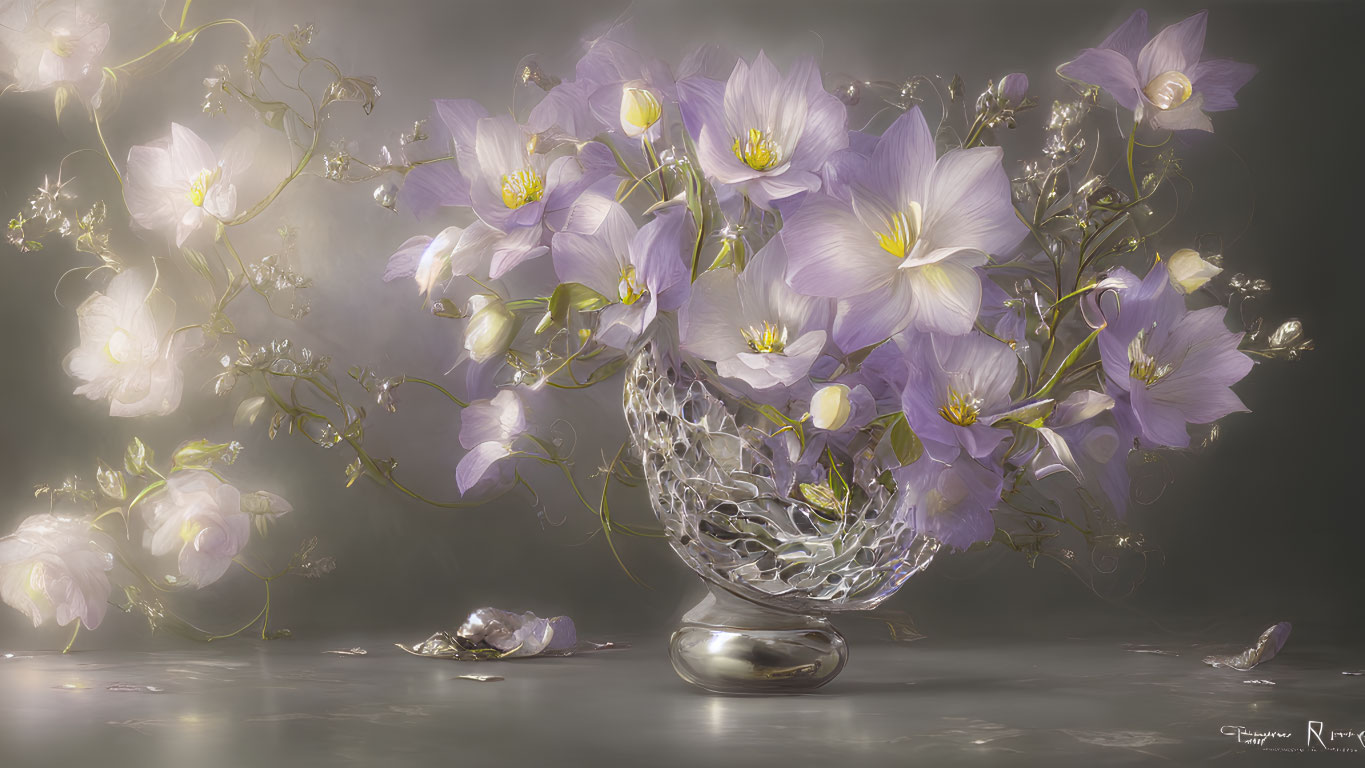 Purple flowers in translucent vase with glowing backdrop