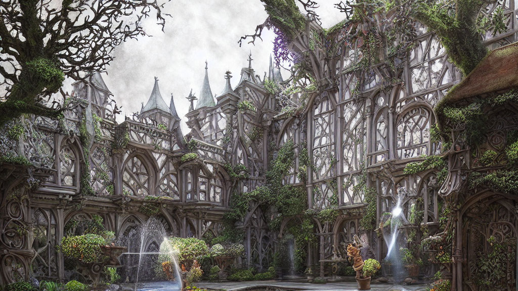 Fantastical overgrown garden with Gothic structure & twisted trees