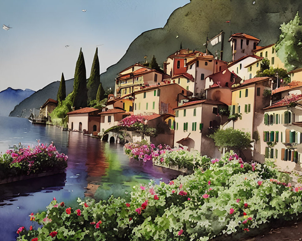 Vibrant watercolor painting of lakeside village with colorful houses