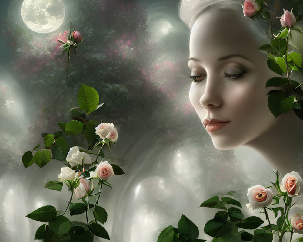 Female face in mystical green garden with white and pink roses and soft light.