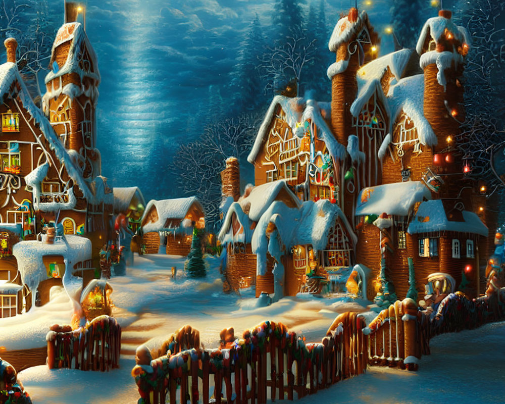 Snow-covered village at night with gingerbread-style houses and festive lights