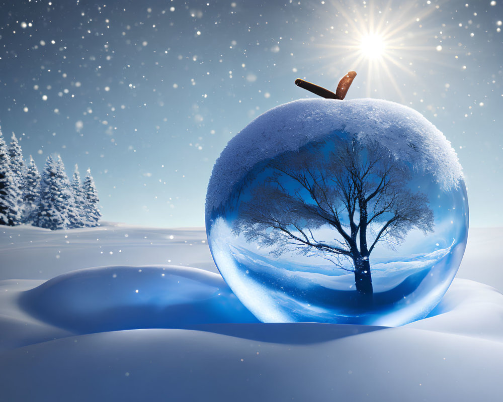 Winter landscape with crystal ball, tree, starry sky, snowy background, wooden stump.