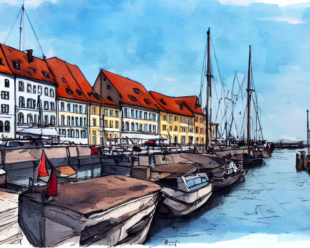 Vibrant waterfront scene with boats in calm harbor under blue sky