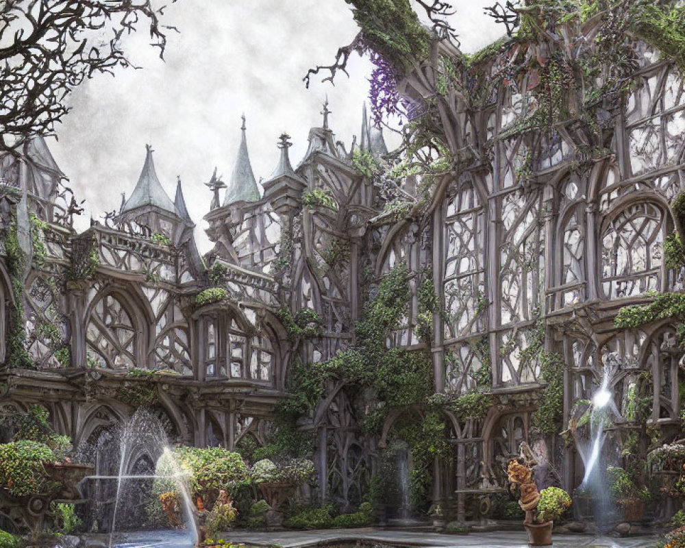 Fantastical overgrown garden with Gothic structure & twisted trees