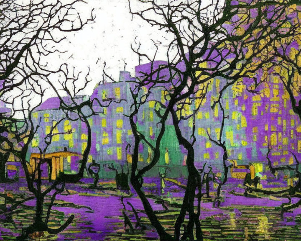 Colorful painting of bare trees and buildings under textured sky