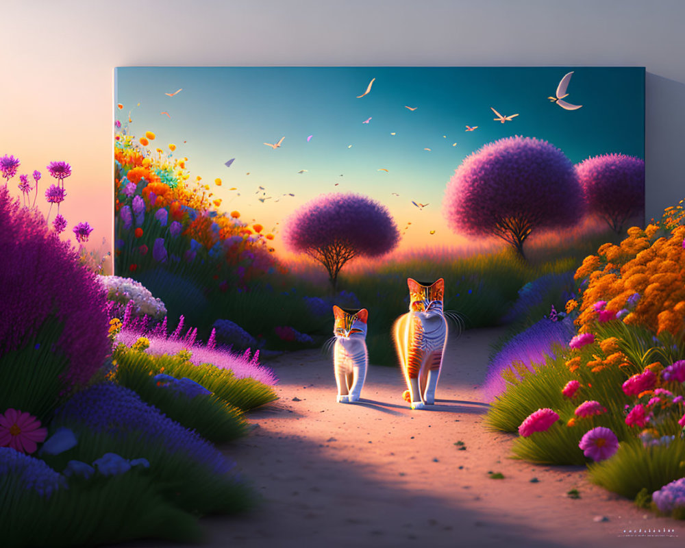 Stylized cats in vibrant sunset landscape with whimsical trees and colorful flowers