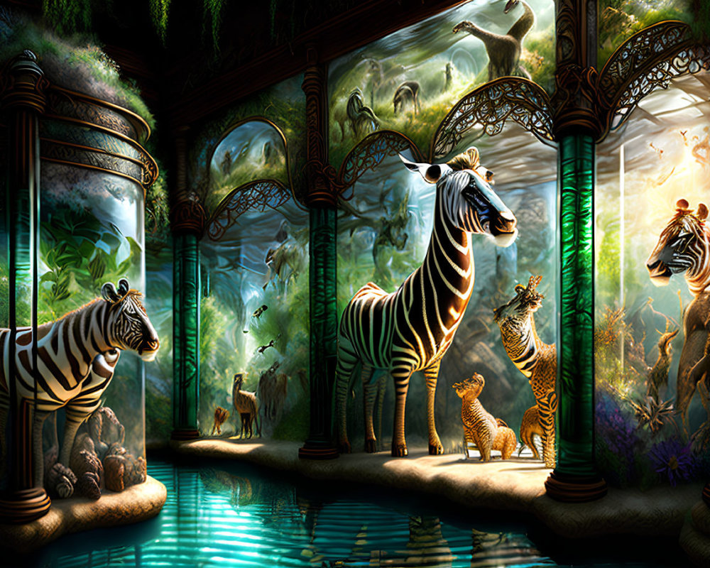 Fantastical indoor scene with zebras and lush greenery under ornate arches