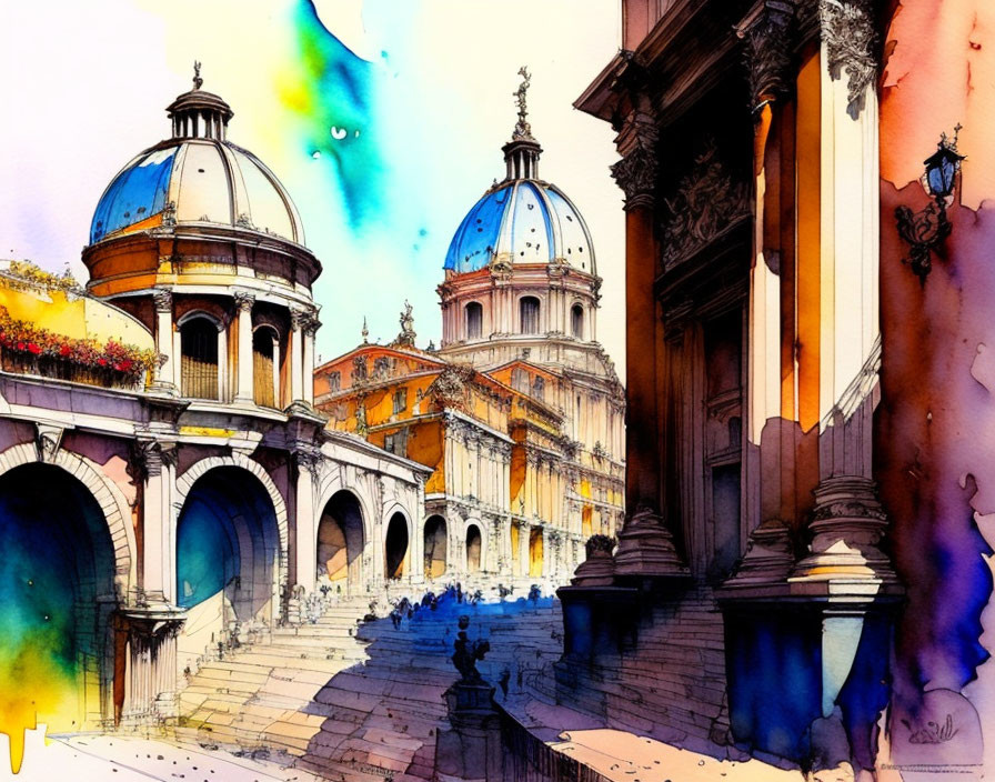 Colorful watercolor painting of domed classical architecture and stairs