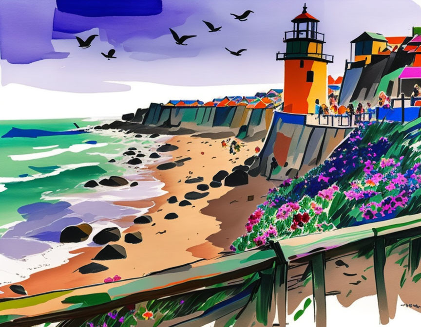 Vibrant beach scene with lighthouse, beach houses, people, and birds