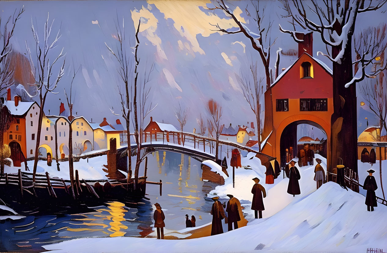 Snow-covered European village at twilight with townspeople, bridge, and river reflection