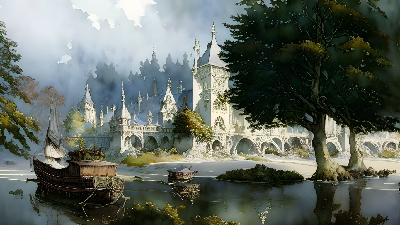 Ornate castle with spires and arches by calm lake