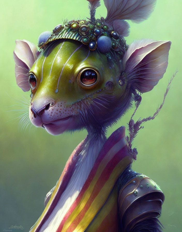 Whimsical creature with large ears and green skin in colorful attire