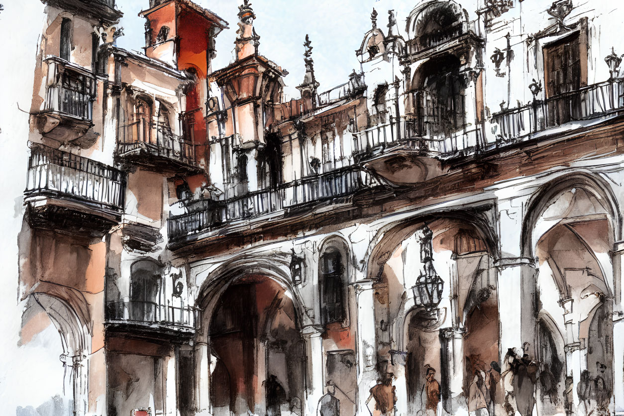 Detailed Watercolor Sketch of Bustling European Plaza