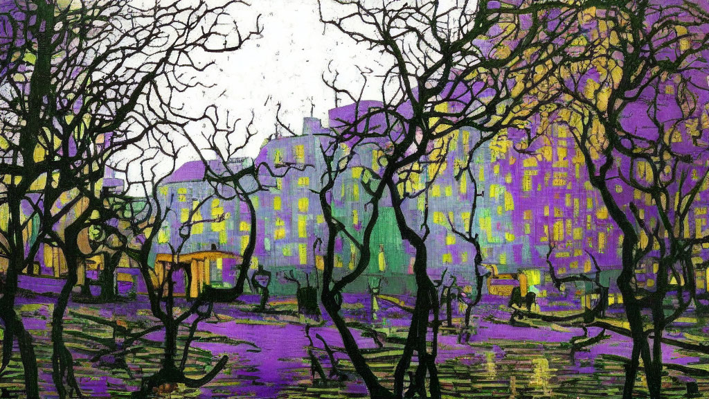 Colorful painting of bare trees and buildings under textured sky