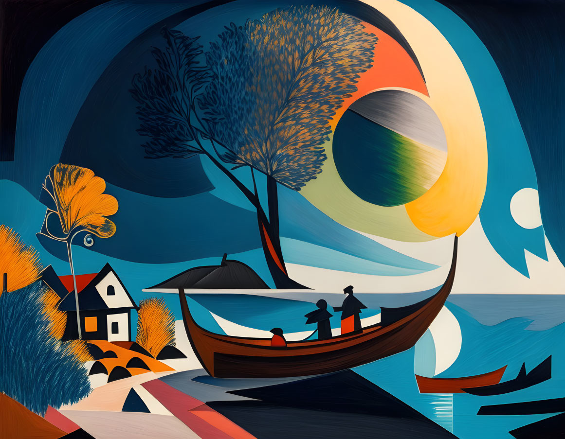 Artistic night and day scene with boat, figures, houses, trees, and large moon or sun