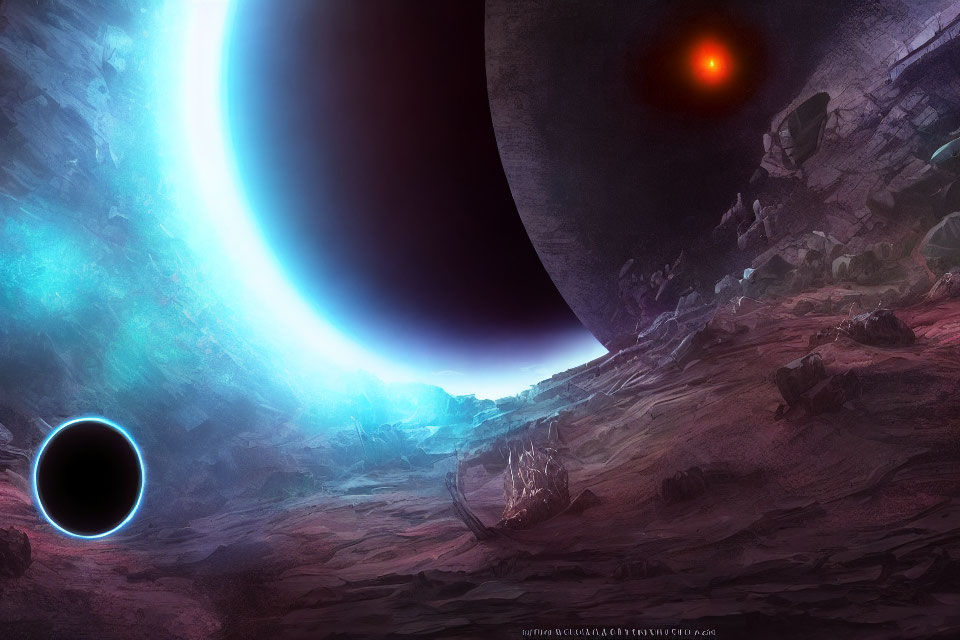 Sci-fi landscape with black hole, red star, and crashed spaceship