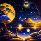 Colorful Night Landscape with Oversized Celestial Bodies and Figure Holding Lantern