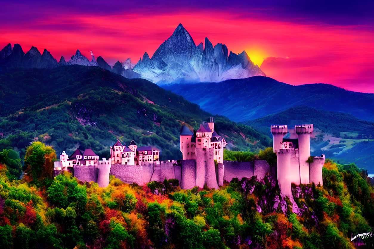 Majestic castle and snow-capped mountains under fiery sunset