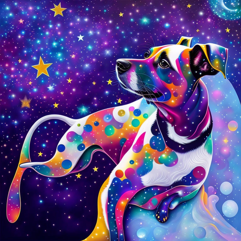 Vibrant cosmic dog illustration with colorful stylized design